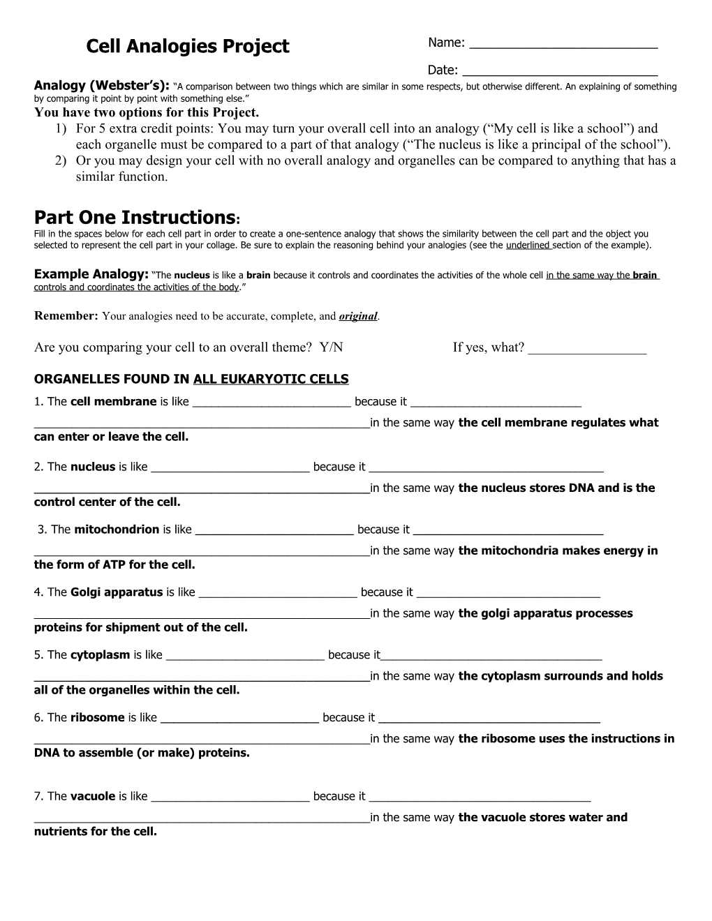 Cell Analogies Worksheet