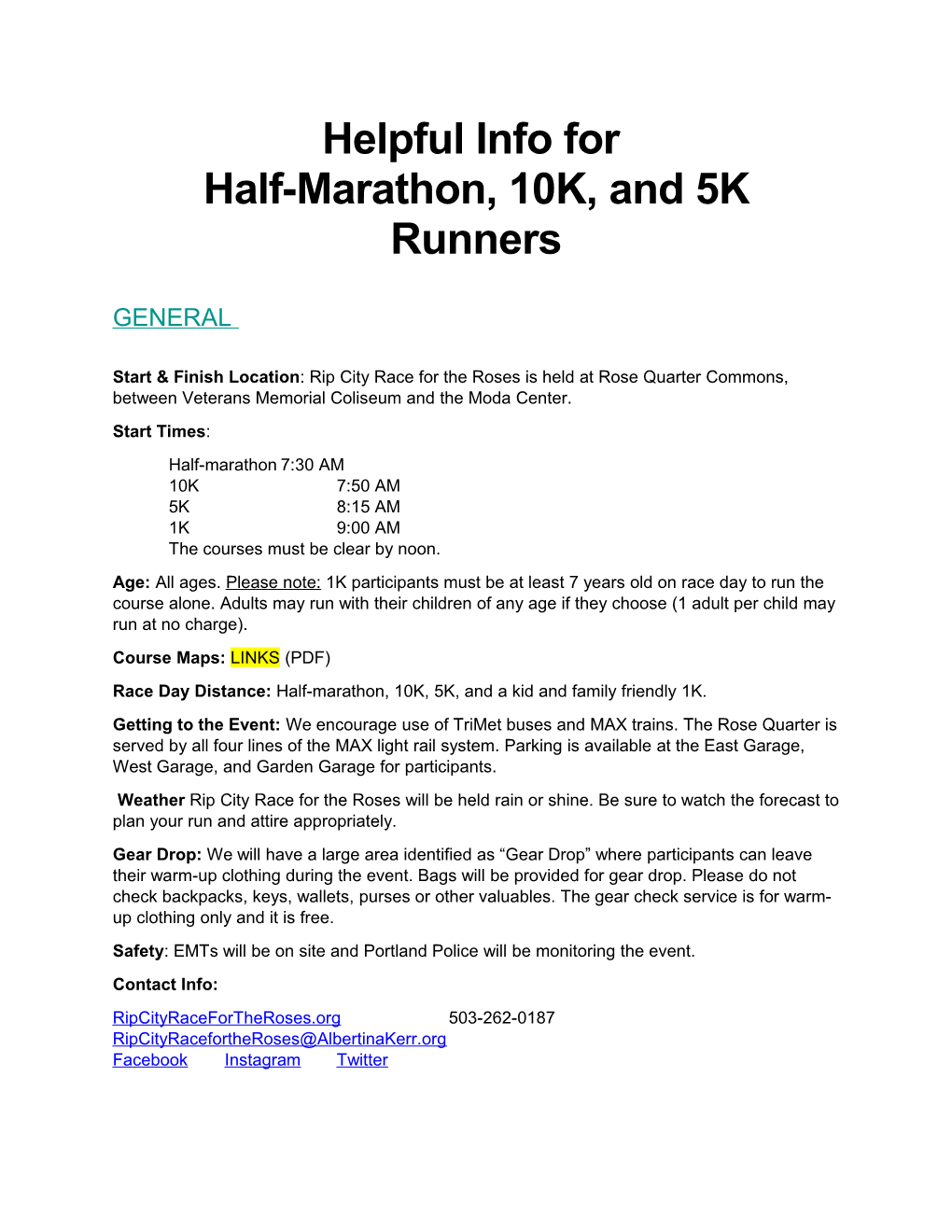 Helpful Info for Half-Marathon, 10K, and 5K Runners