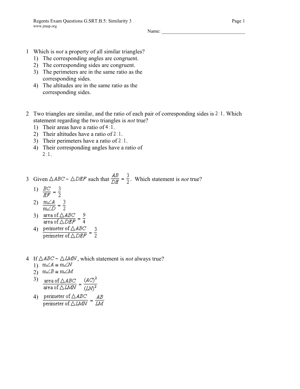 Regents Exam Questions G.SRT.B.5: Similarity 3 Page 4