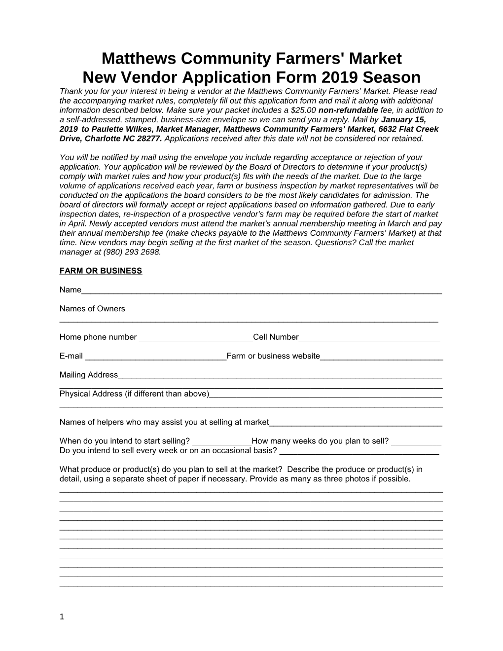 New Vendor Application Form 2019 Season