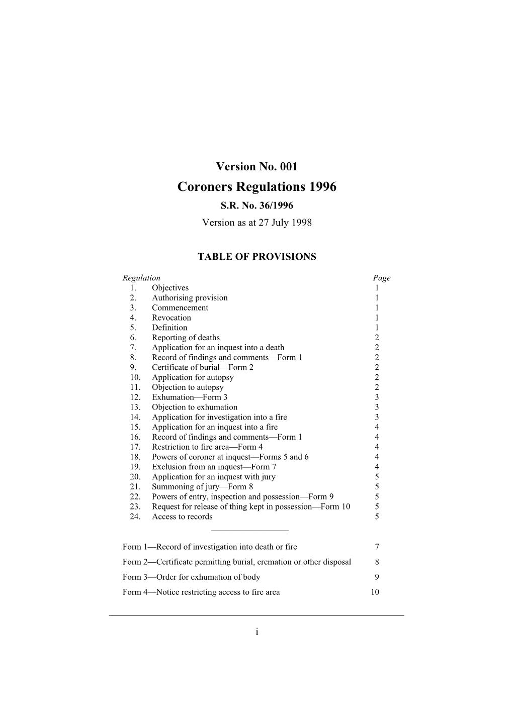 Coroners Regulations 1996