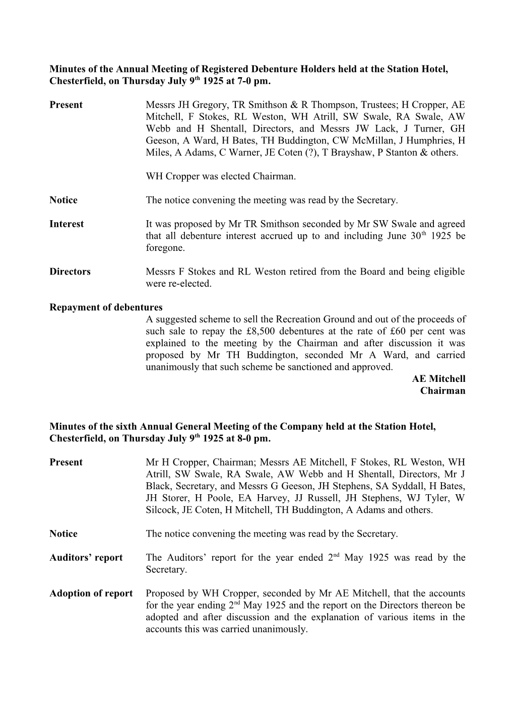 Minutes of a Special Meeting of Directors Held at the Recreation Ground on Monday January