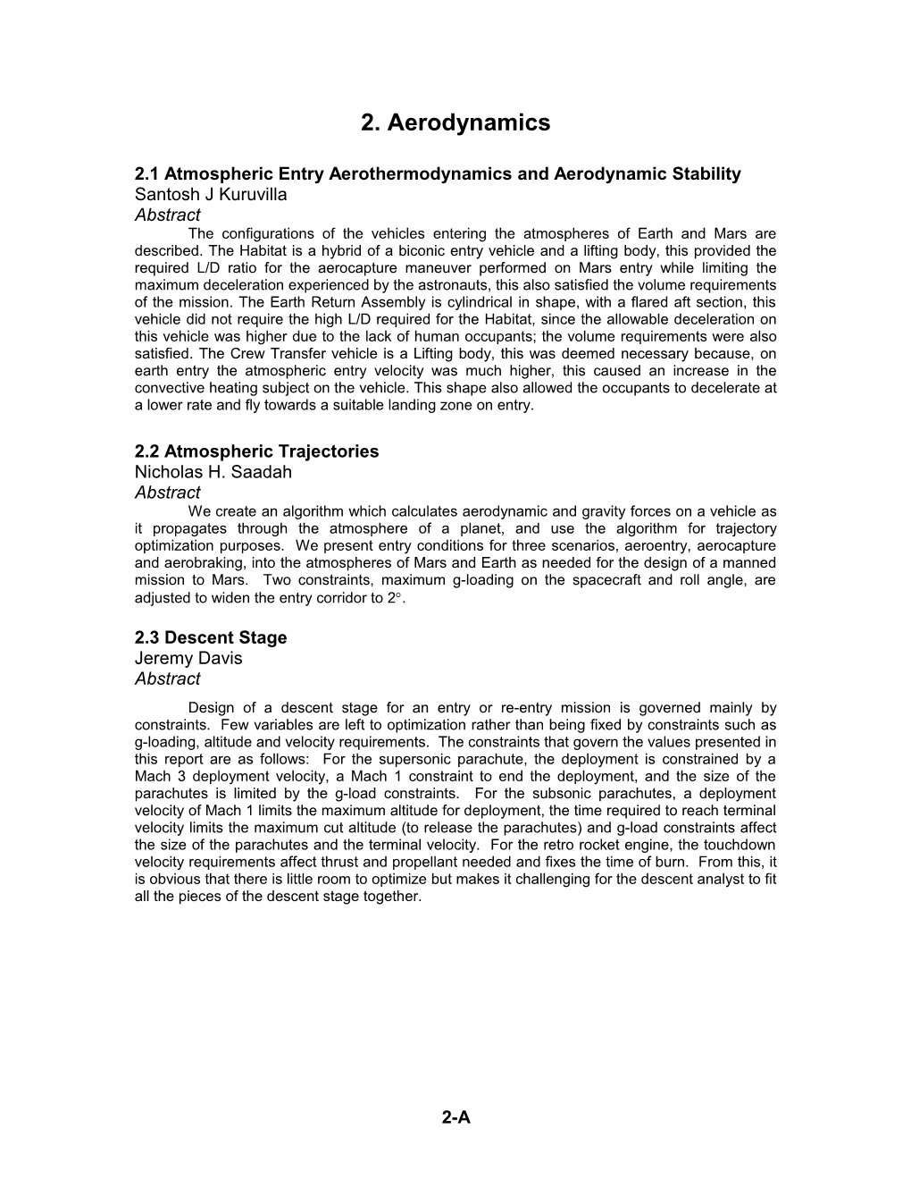 2.1 Atmospheric Entry Aerothermodynamics and Aerodynamic Stability