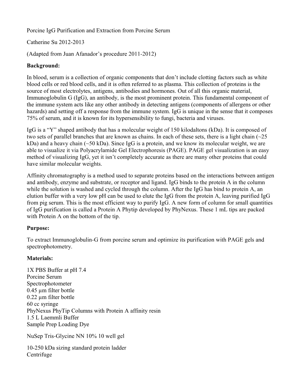 Porcine Igg Purification and Extraction from Porcine Serum