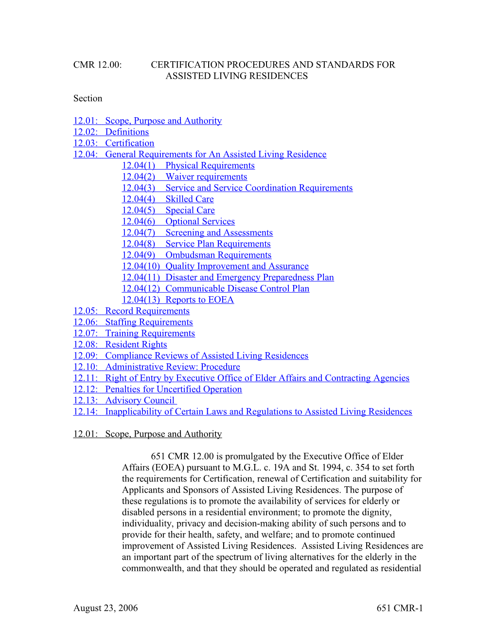 Cmr 12.00: Certification Procedures and Standards for Assisted Living Residences