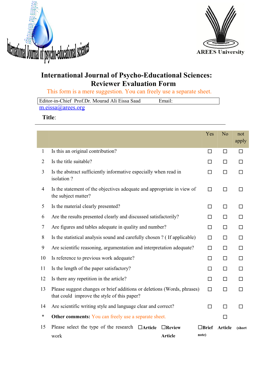 Journal of Jazan University: Reviewer Evaluation Form