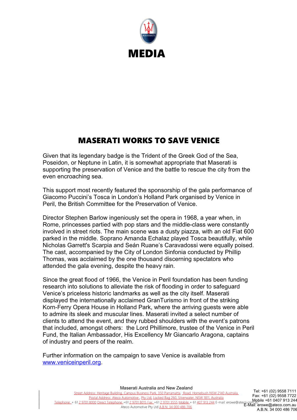 Maserati Works to Save Venice