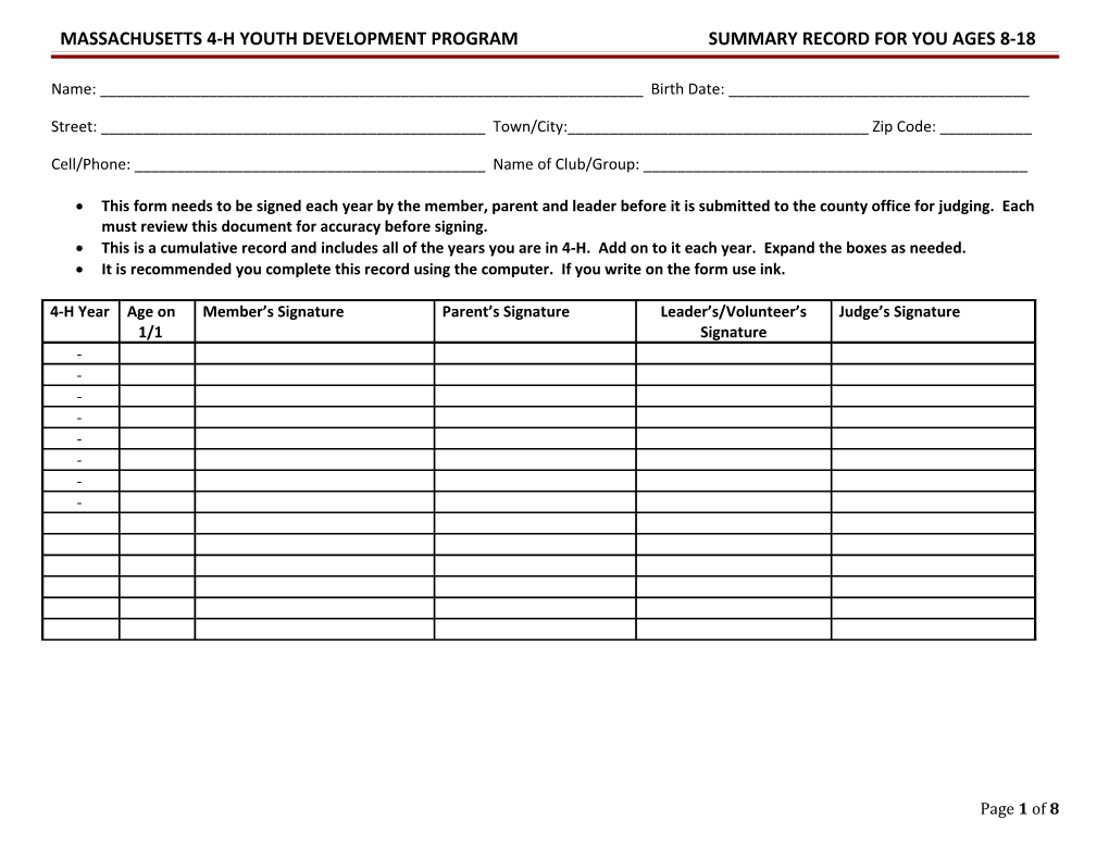 Massachusetts 4-H Youth Development Program Summary Record