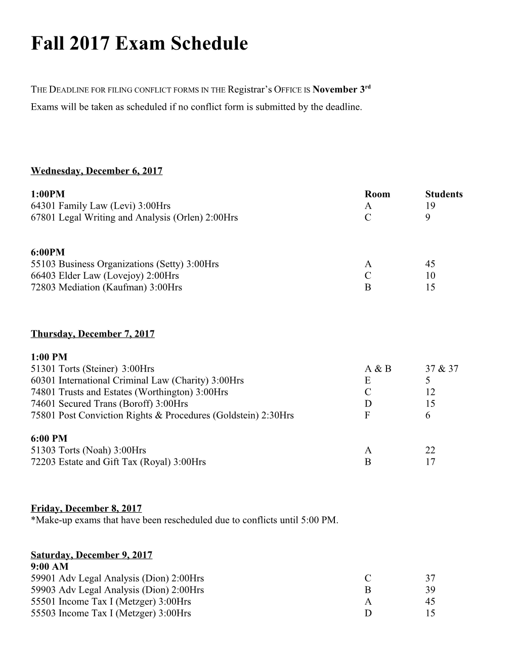 Fall 2017 Exam Schedule