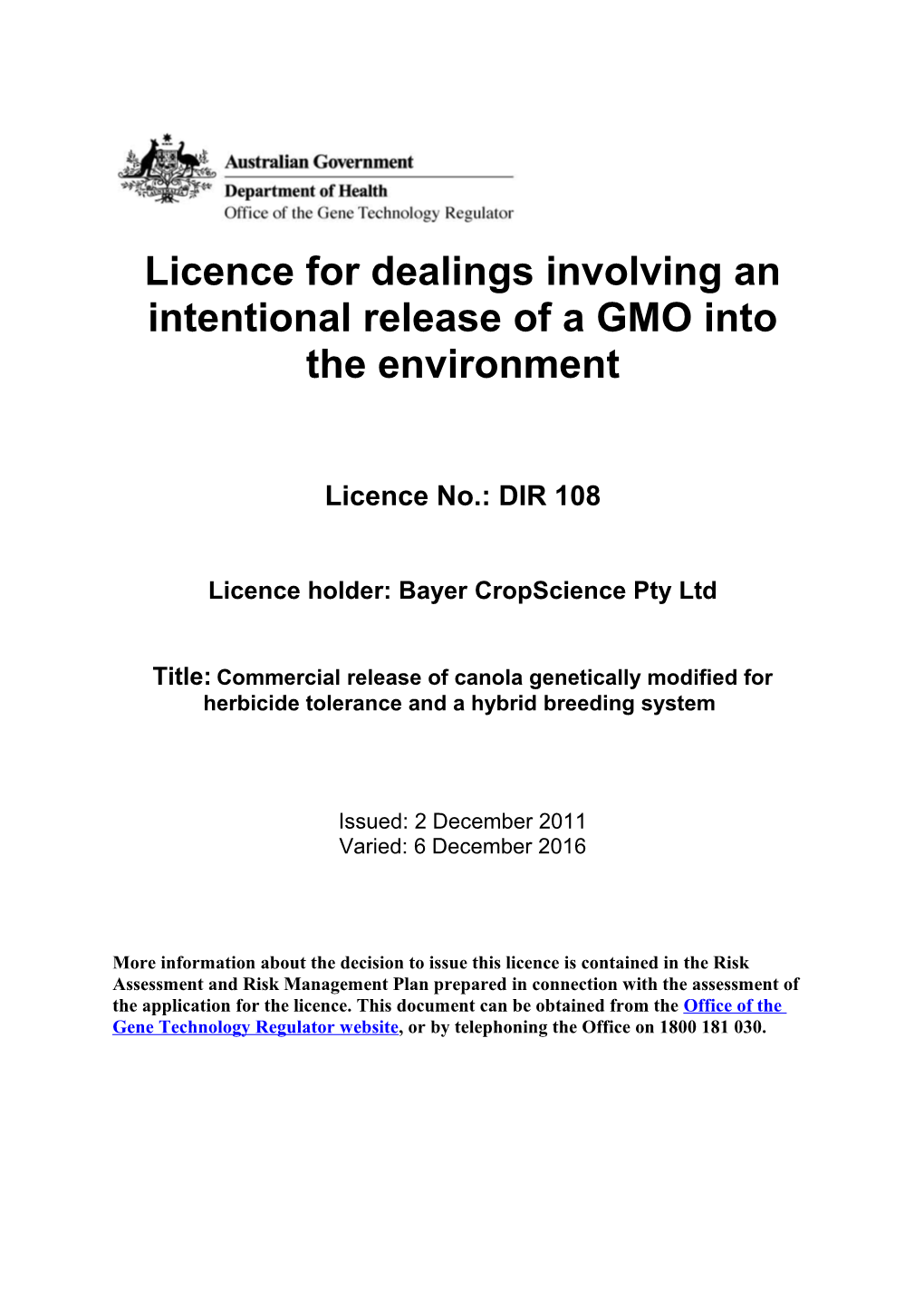 DIR 108 - Licence Conditions