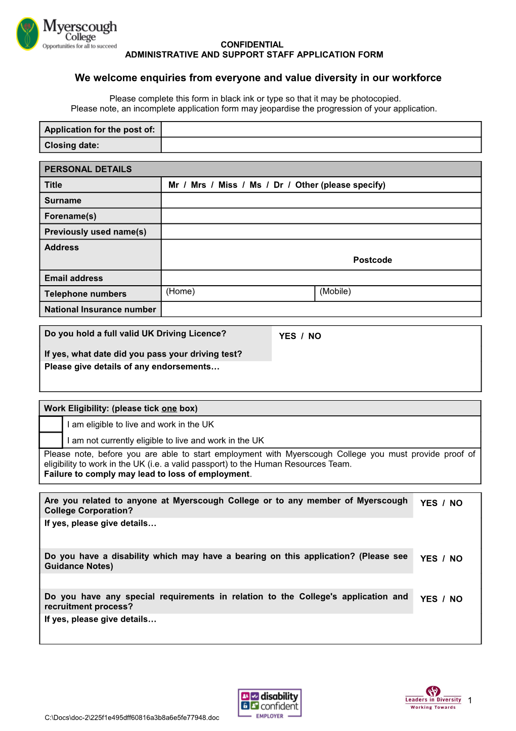 Administrative and Support Staff Application Form