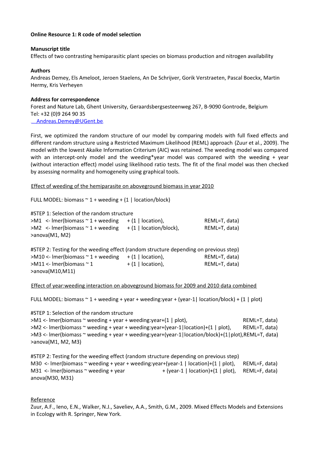 Online Resource 1: R Code of Model Selection