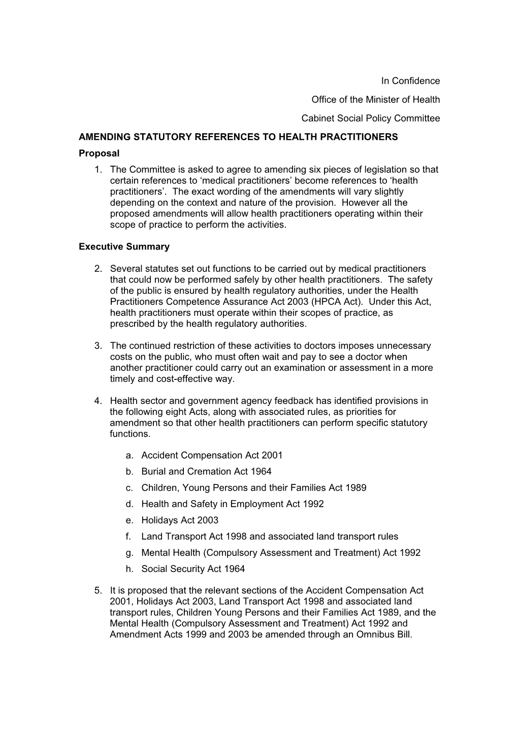 Cabinet Social Policy Committee - Amending Statutory References to Health Practitioners