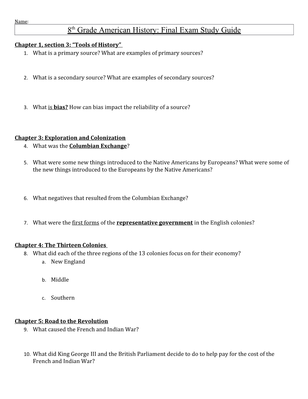 8Th Grade American History: Final Exam Study Guide