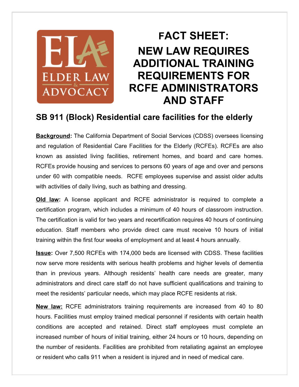 New Law Requires Additional Training Requirements for Rcfe Administrators and Staff