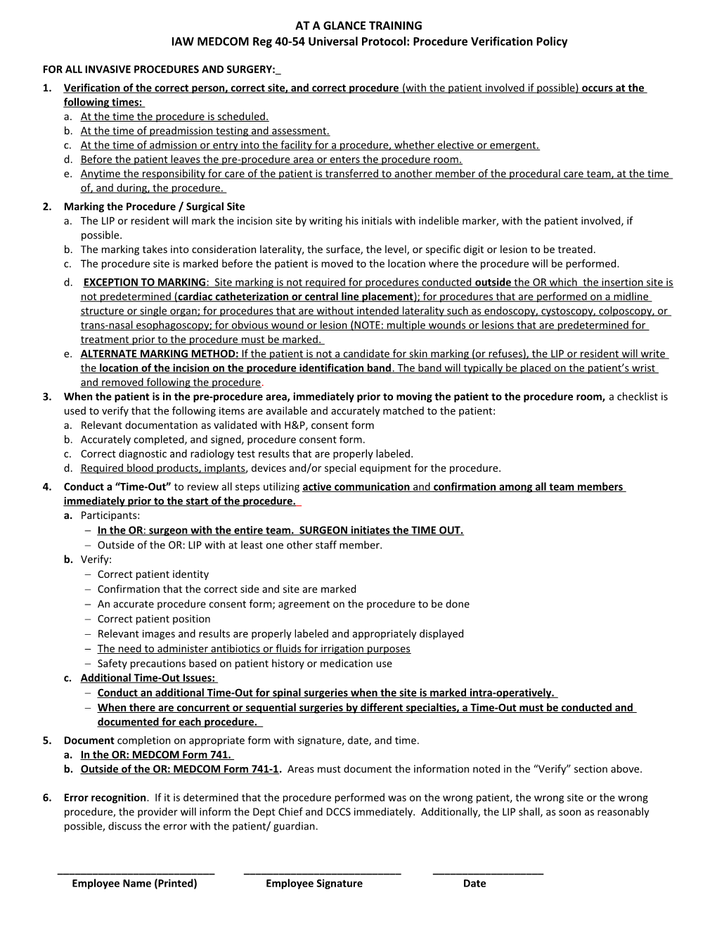 IAW MEDCOM Reg 40-54 Universal Protocol: Procedure Verification Policy