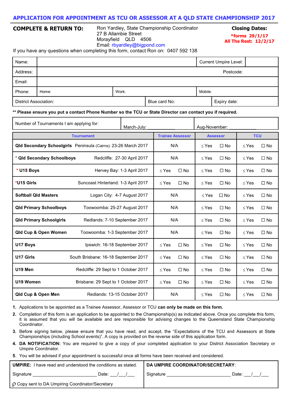 Application to Attend a Queensland Tournament