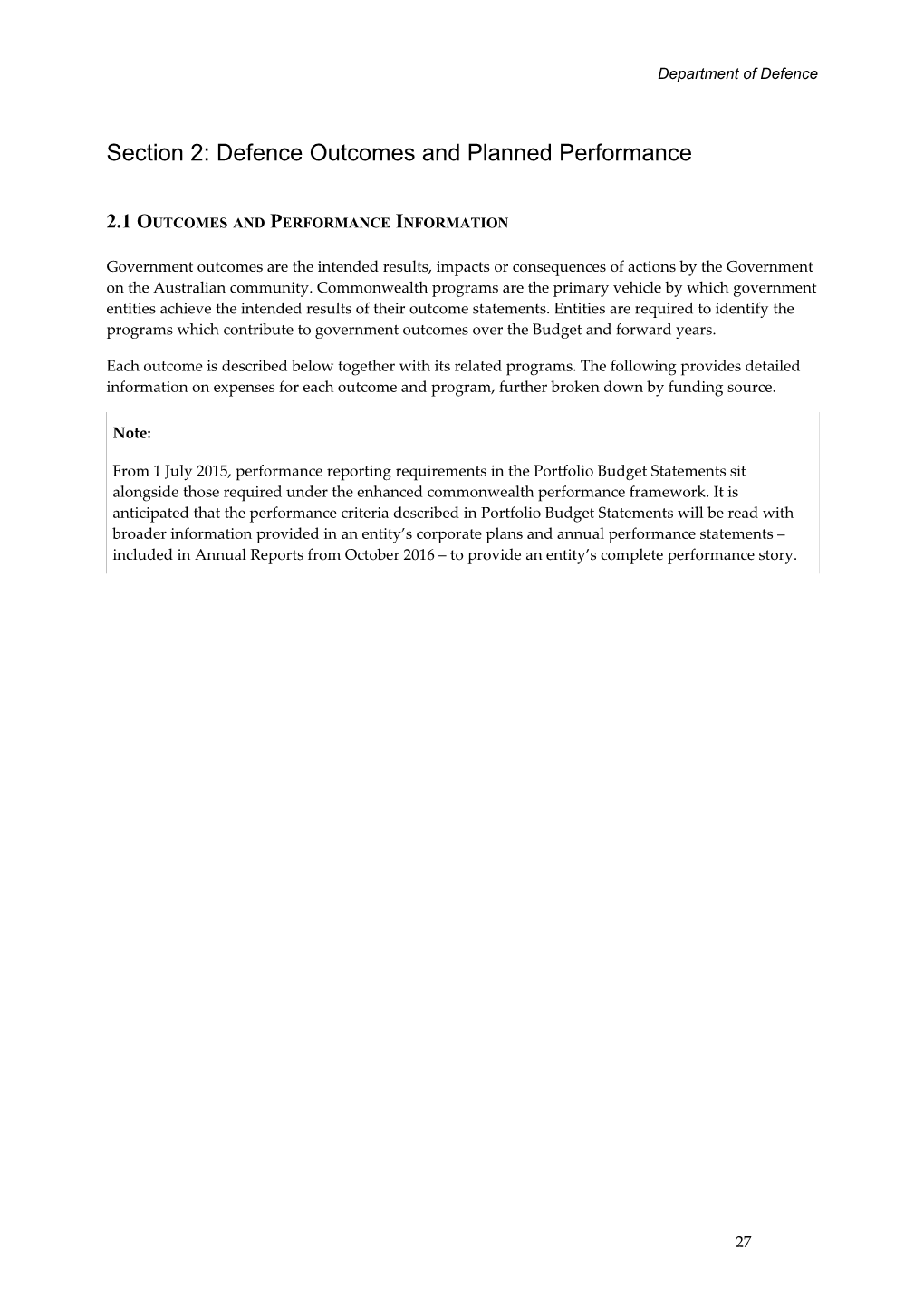 Section 2: Defence Outcomes and Planned Performance