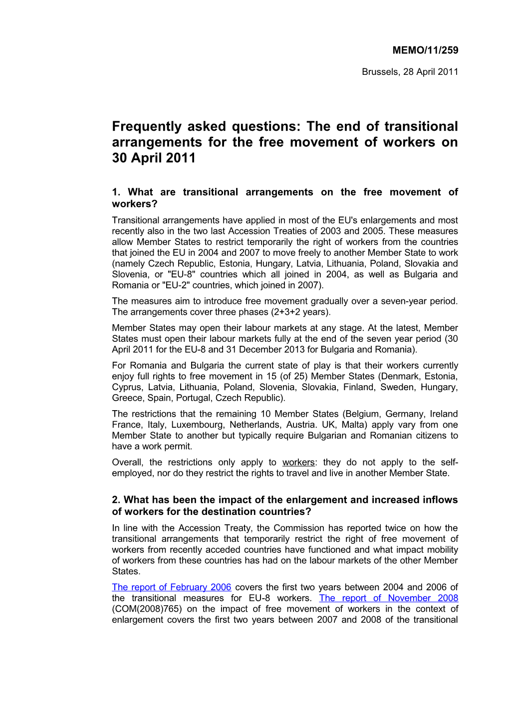 1. What Are Transitional Arrangements on the Free Movement of Workers?