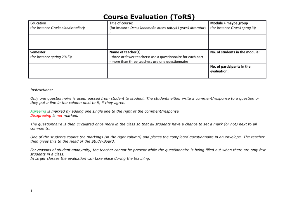 Course Evaluation (Tors)