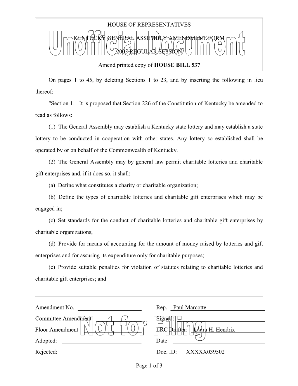 Kentucky General Assembly Amendment Form s7