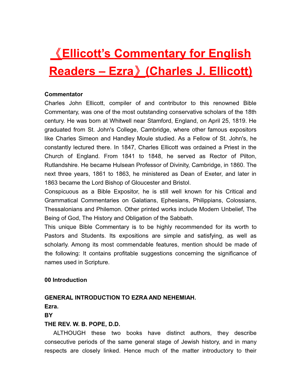 Ellicott S Commentary for English Readers Ezra (Charles J. Ellicott)