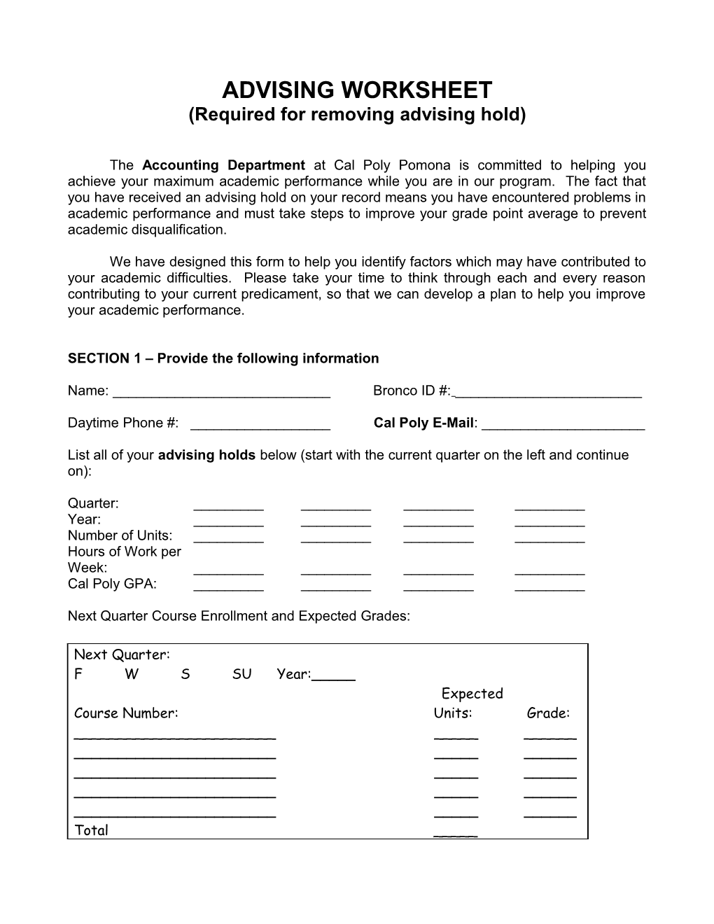 Academic Advising Worksheet