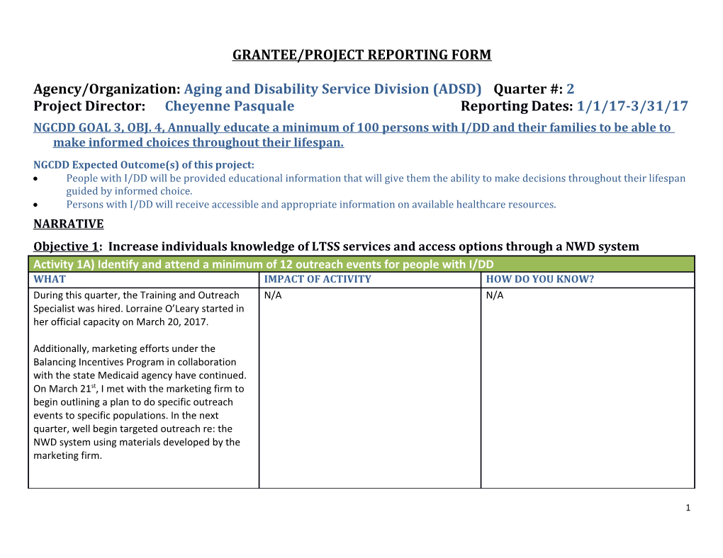 Grantee/Project Reporting Form