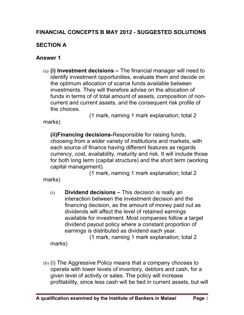 Financial Concepts B May 2012 - Suggested Solutions