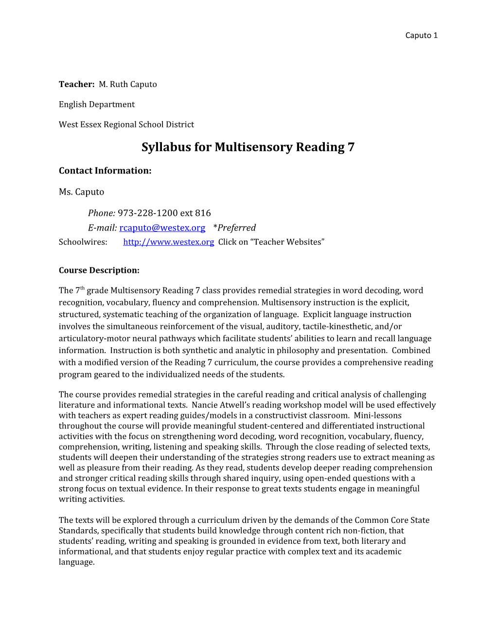 Syllabus for Multisensory Reading 7