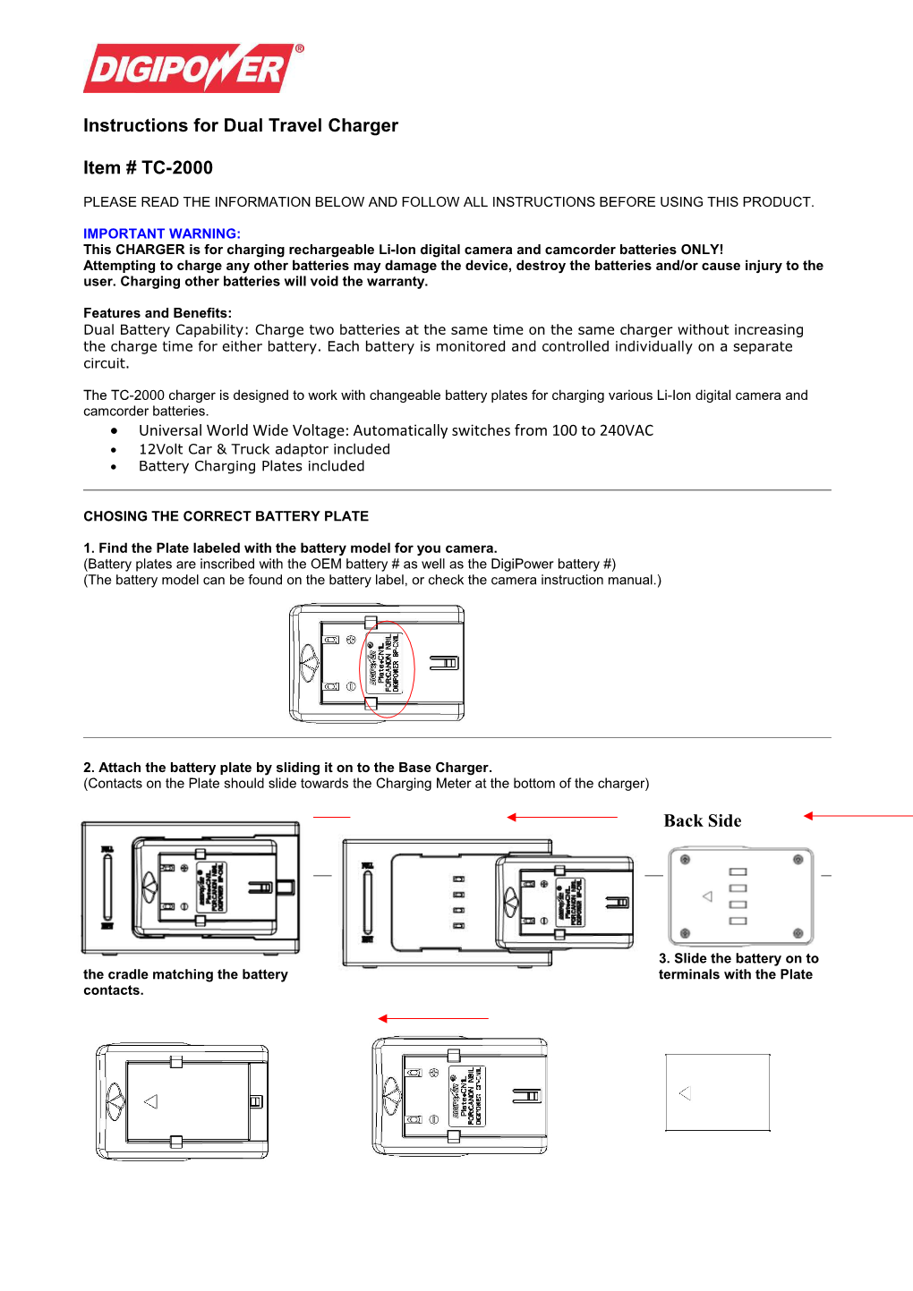Operating Instructions for Travel Charger Item # TC-1000/RTC-1000/VTC-1000