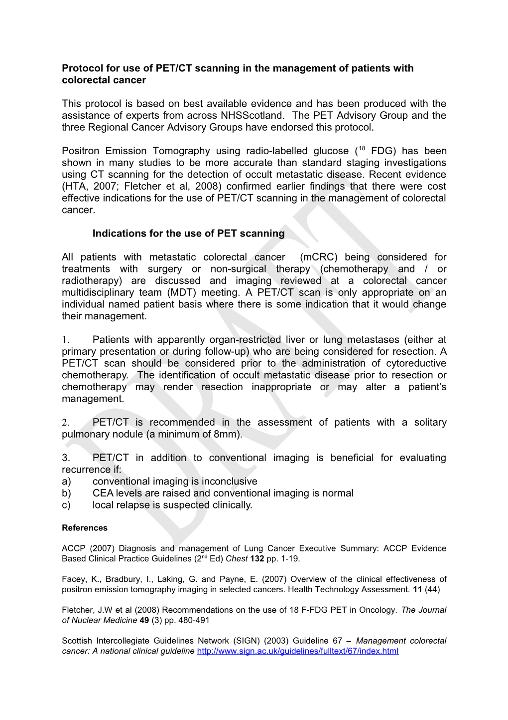 Protocol for Use of PET/CT Scanning in the Management of Patients with Colorectal Cancer