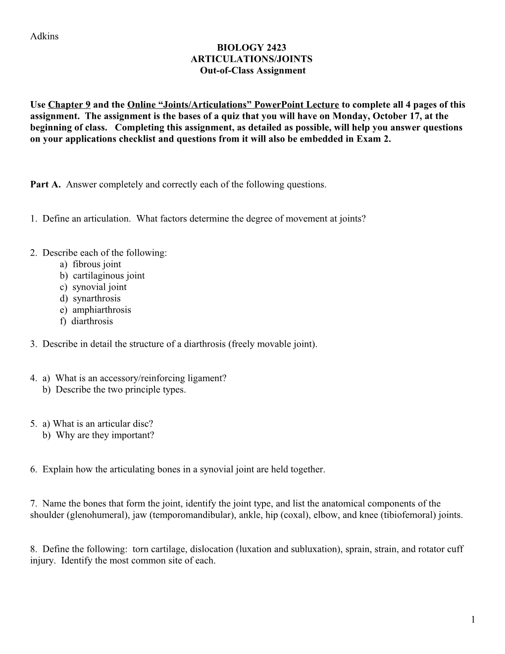 Articulations/Joints Assignment