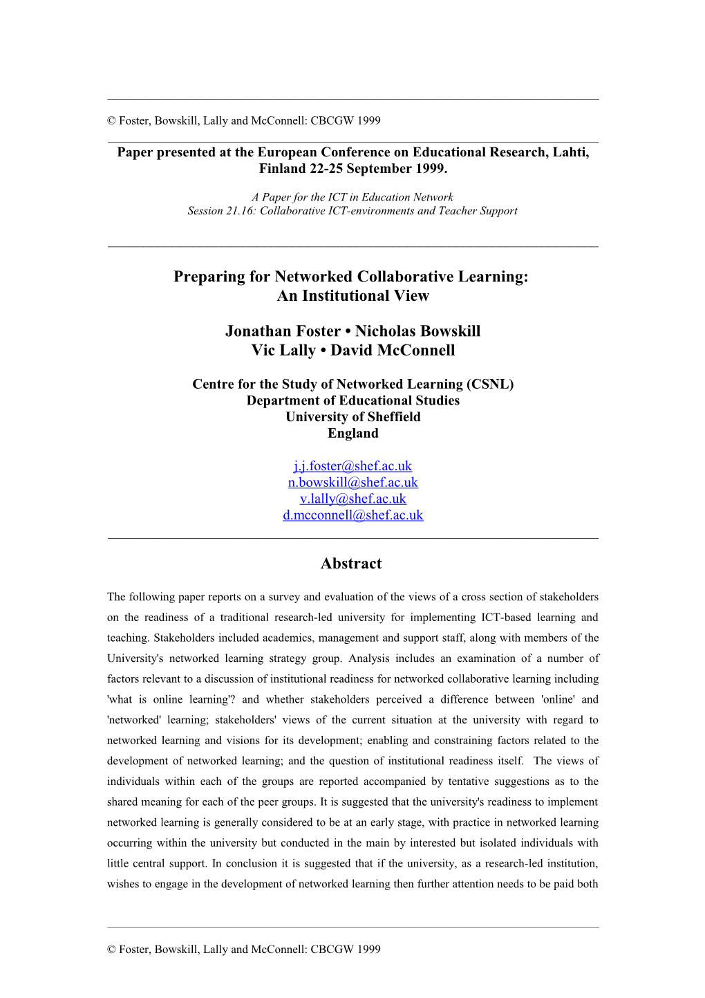 Preparing for Networked Collaborative Learning: an Institutional View Draft Paper for European