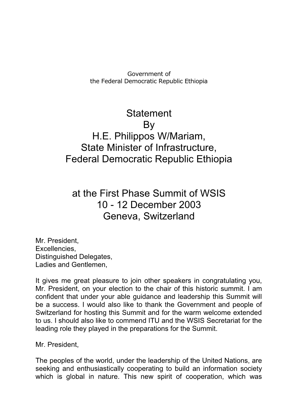 Government of the Federal Democratic Republic Ethiopia