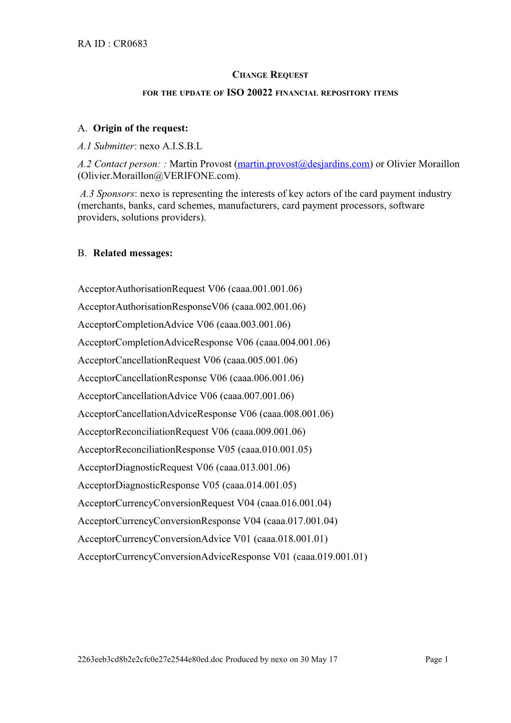 For the Update of ISO 20022 Financial Repository Items s1