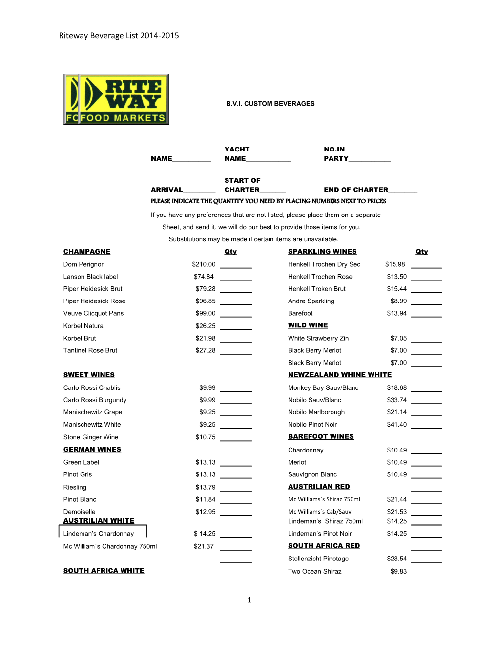 Riteway Beverage List 2014-2015