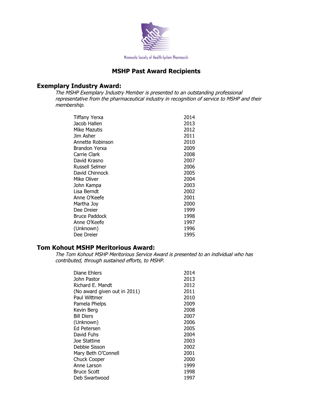 MSHP Past Award Recipients