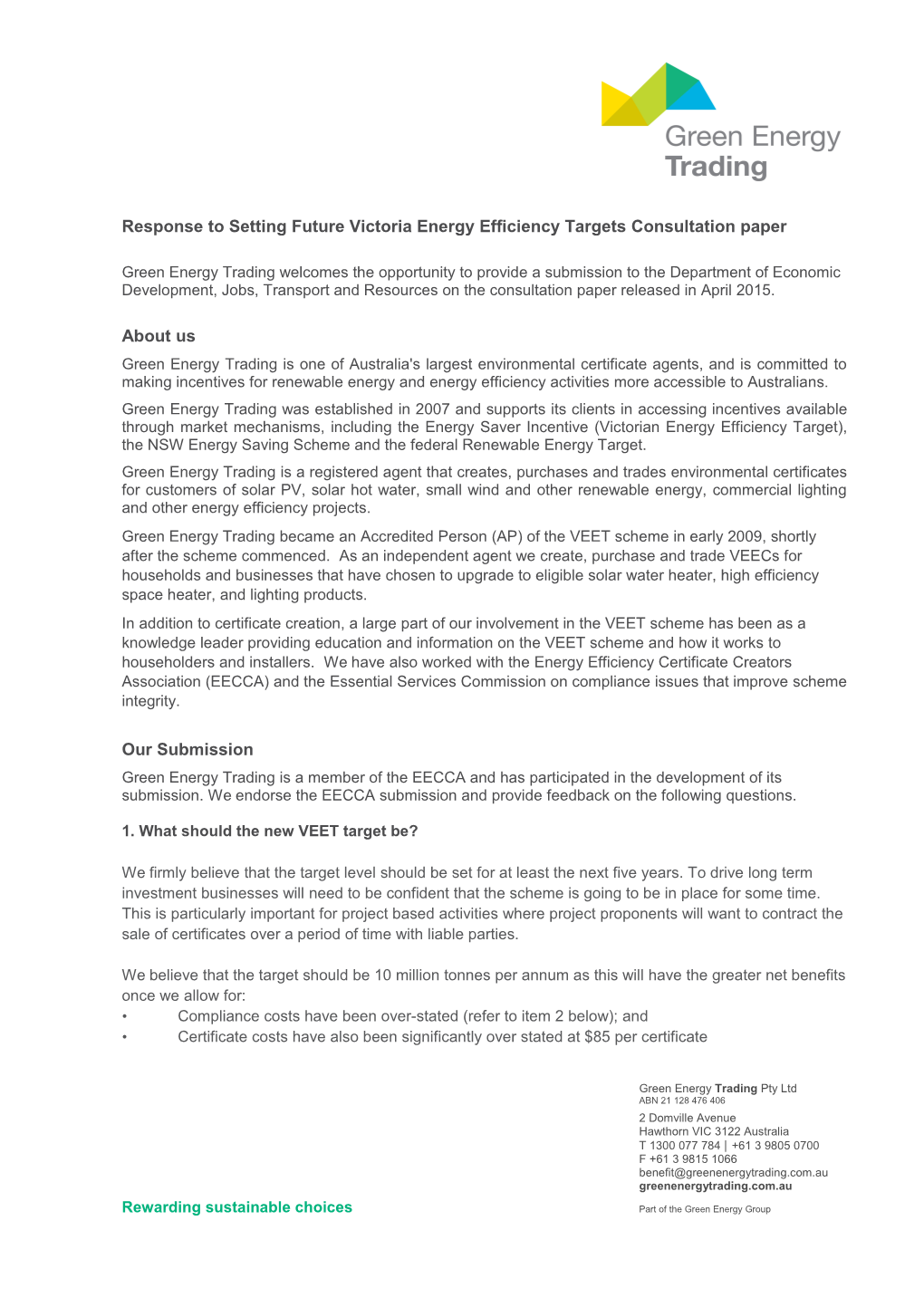 Response to Setting Future Victoria Energy Efficiency Targets Consultation Paper