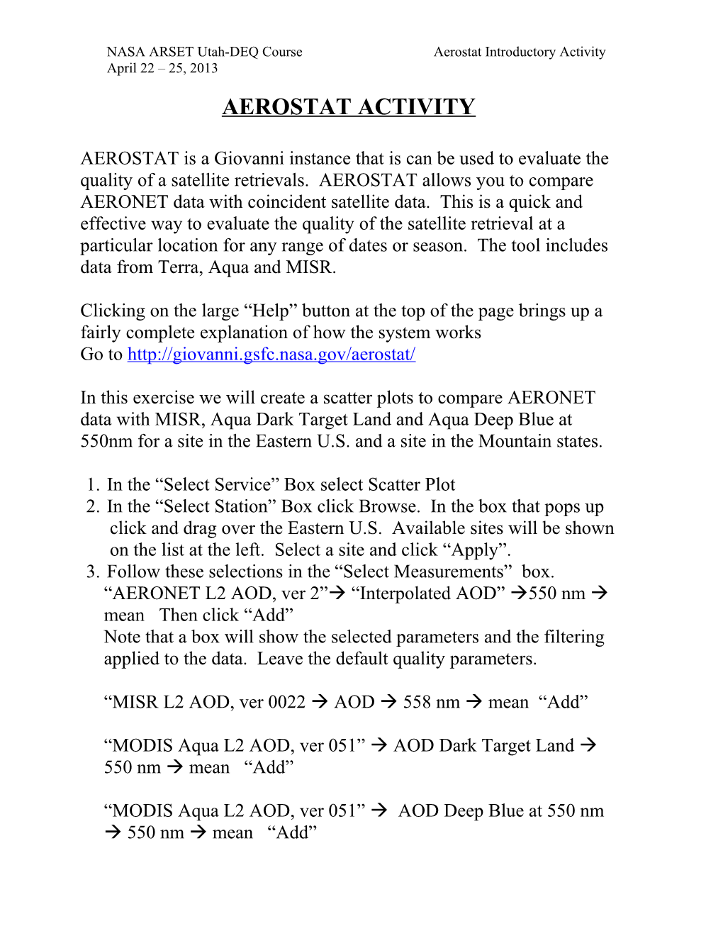 NASA ARSET Utah-DEQ Course Aerostat Introductory Activity