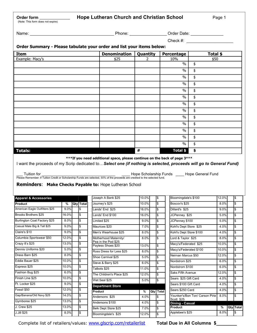 Complete List of Retailers/Values: Total Due in All Columns $______