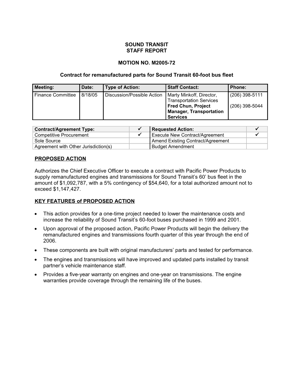 Contract for Remanufactured Parts for Sound Transit 60-Foot Bus Fleet