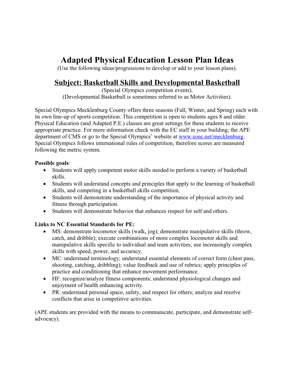 Adapted Physical Education Lesson Plan Ideas