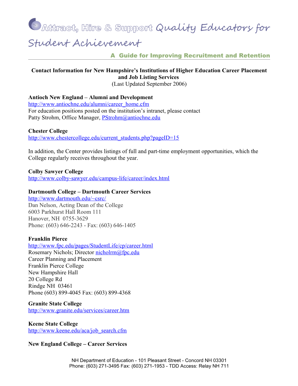 Contact Information for New Hampshire S Institutions of Higher Education Career Placement
