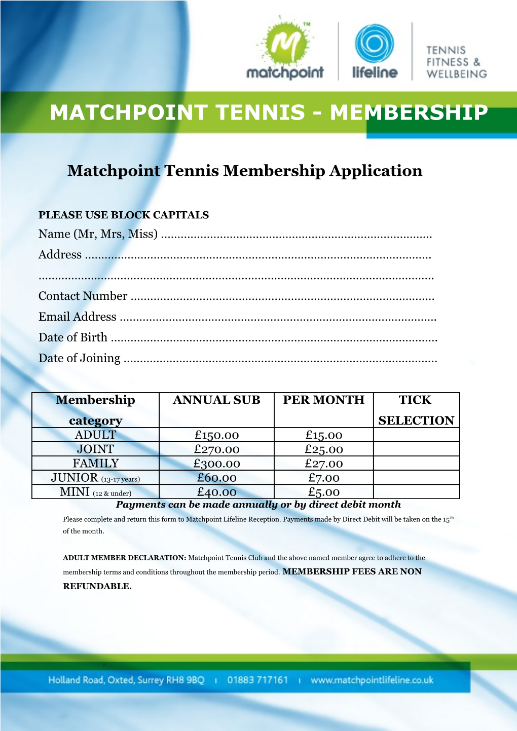 Matchpoint Tennis Membership Application