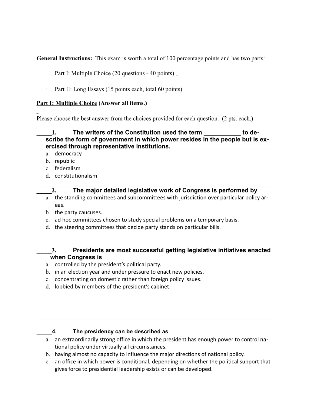 Part I: Multiple Choice (20 Questions - 40 Points)