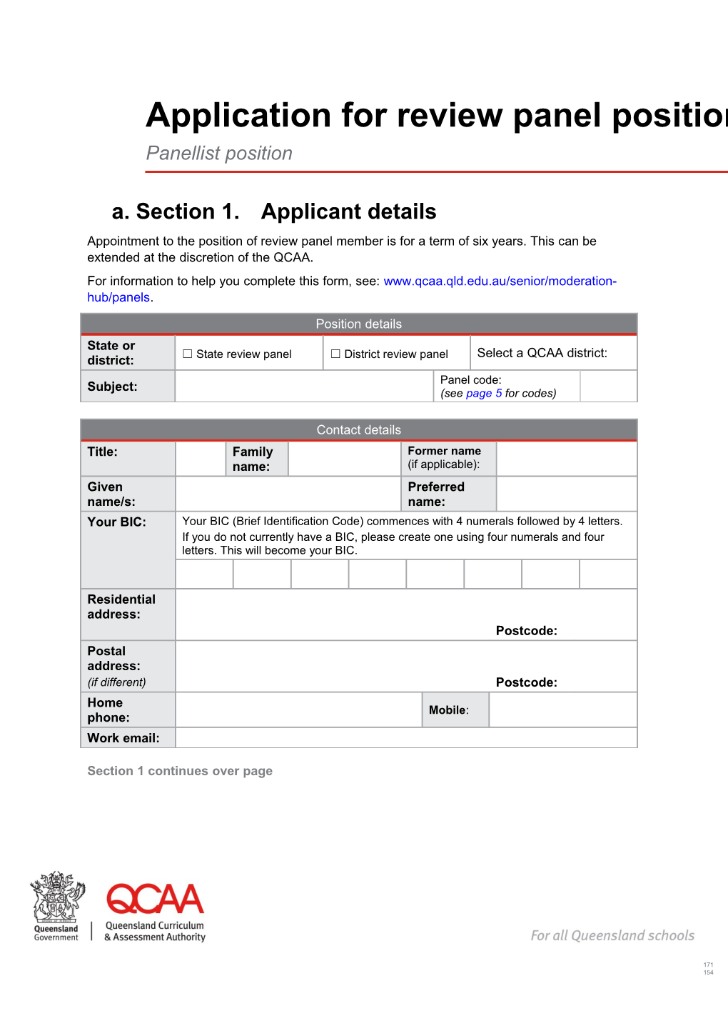 Application for Review Panel Position: Panellist Position