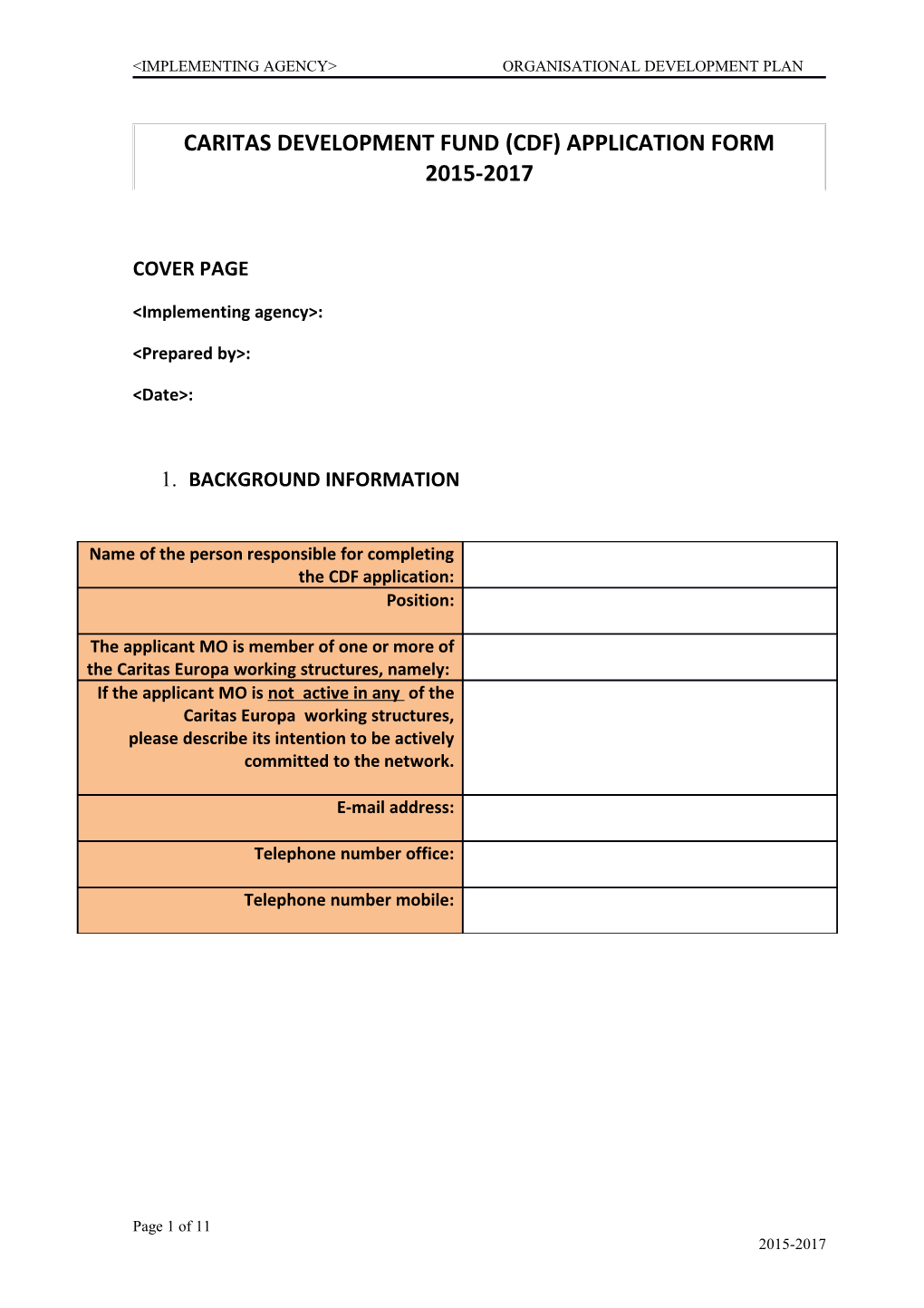 Caritas Development Fund (CDF) Application Form 2015-2017