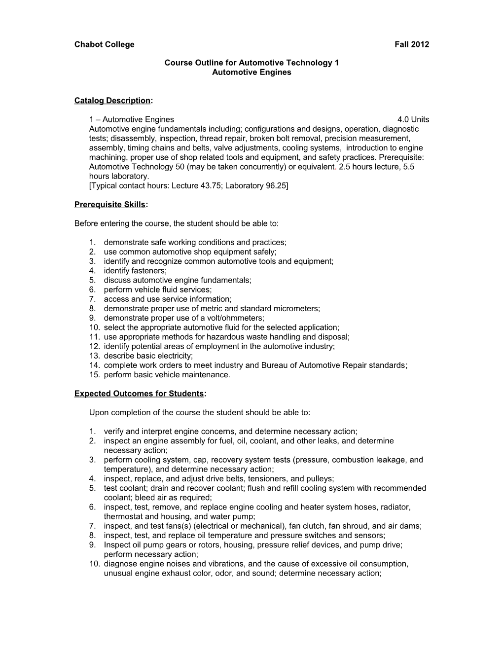 Course Outline for Automotive Technology 1, Page 4