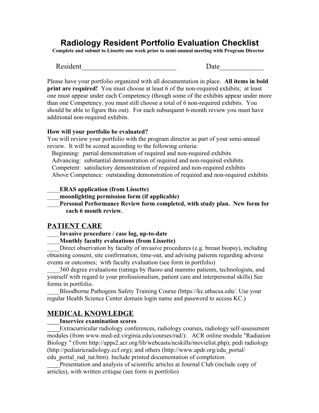 Radiology Resident Portfolio Evaluation Checklist